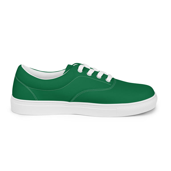 Dark Green Men's Sneakers, Solid Green Color Best Premium Designer Men’s Lace-up Low Top Sneakers, Modern Essential Classic Every Day Best Quality Fashionable Running Casual Canvas Breathable Comfortable Running Shoes With White Laces & Padded Collar & Tongue (US Size: 5-13)