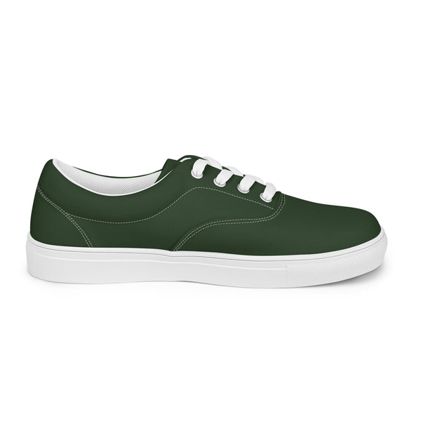 Emerald Green Men's Low Tops, Solid Green Color Best Premium Designer Men’s Lace-up Low Top Sneakers, Modern Essential Classic Every Day Best Quality Fashionable Running Casual Canvas Breathable Comfortable Running Shoes With White Laces & Padded Collar & Tongue (US Size: 5-13)