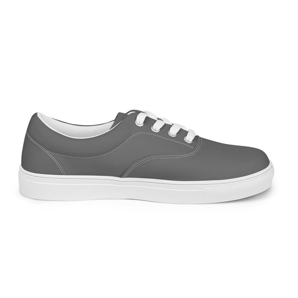 Charcoal Grey Men's Low Tops, Solid Charcoal Grey Color Best Premium Designer Men’s Lace-up Low Top Sneakers, Modern Essential Classic Every Day Best Quality Fashionable Running Casual Canvas Breathable Comfortable Running Shoes With White Laces & Padded Collar & Tongue (US Size: 5-13)