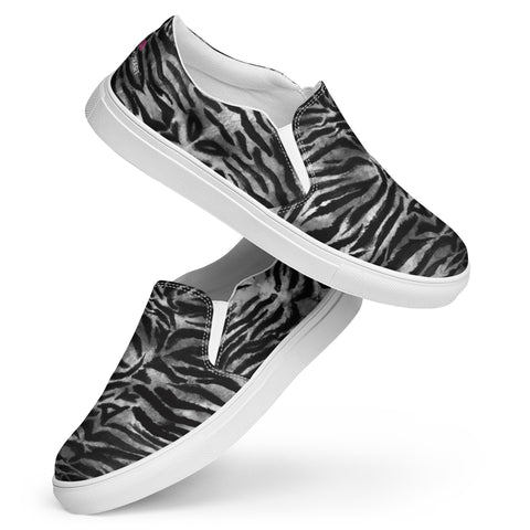Grey Tiger Striped Men's Shoes, Solid Grey Tiger Striped Animal Print Best Casual Breathable Men’s Slip-on Canvas Designer Shoes (US Size: 5-13) Modern High Quality Men's Slip On Canvas Sneakers Shoes&nbsp;
