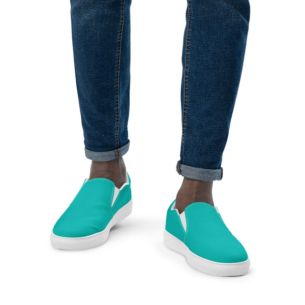 Turquoise Blue Men's Slip Ons, Solid Bright Blue Color Best Casual Breathable Men’s Slip-on Canvas Designer Shoes (US Size: 5-13) Solid Blue Color High Quality Men's Slip On Canvas Sneakers Shoes&nbsp;