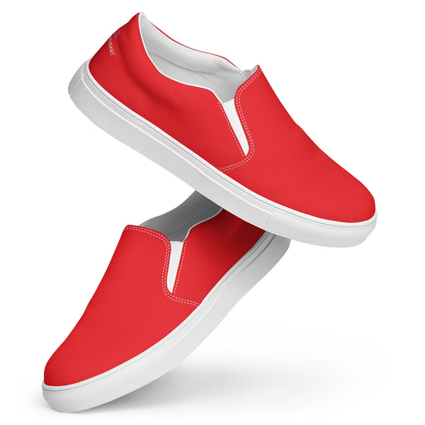 Orange Red Slip Ons For Men, Solid Bright Red Color Best Casual Breathable Men’s Slip-on Canvas Designer Shoes (US Size: 5-13) Modern Solid Color High Quality Men's Slip On Canvas Sneakers Shoes&nbsp;