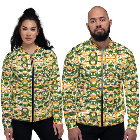 Green Yellow Camo Bomber Jacket, Camouflage Army Military Print Premium Quality Modern Unisex Jacket For Men/Women With Pockets-Made in EU