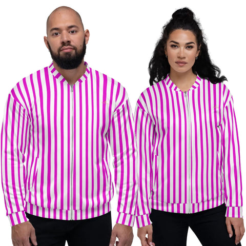 Pink Stripe Bomber Jacket, Vertical Striped Print Jacket, Modern Premium Quality Modern Unisex Jacket For Men/Women With Pockets-Made in EU