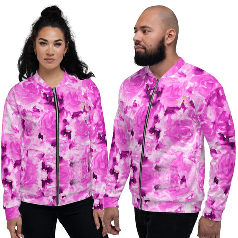 Pink Rose Bomber Jacket, Floral Print Premium Quality Modern Unisex Jacket For Men/Women With Pockets-Made in EU
