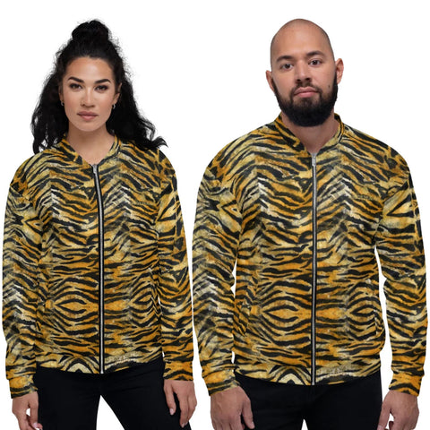 Orange Brown Tiger Stripe Bomber Jacket, Animal Print Premium Quality Modern Unisex Jacket For Men/Women With Pockets-Made in EU
