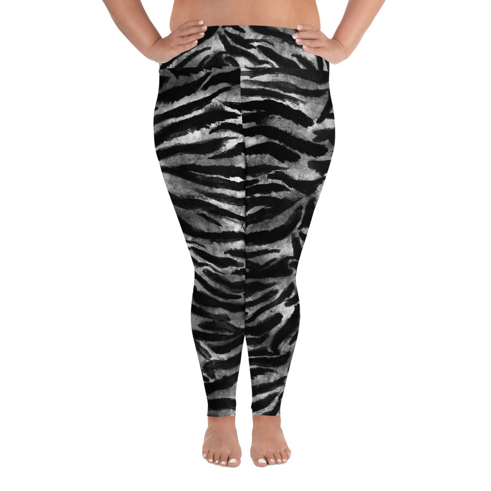 White Gray Tiger Stripe Animal Print Women's Yoga Pants Plus Size Leggings-Made in USA/EU-Women's Plus Size Leggings-2XL-Heidi Kimura Art LLC