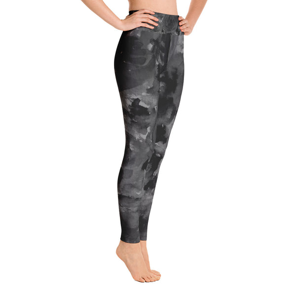 Black Abstract Yoga Leggings, Women's Rose Floral Print Yoga Leggings - Made in USA/EU-Leggings-Heidi Kimura Art LLC
