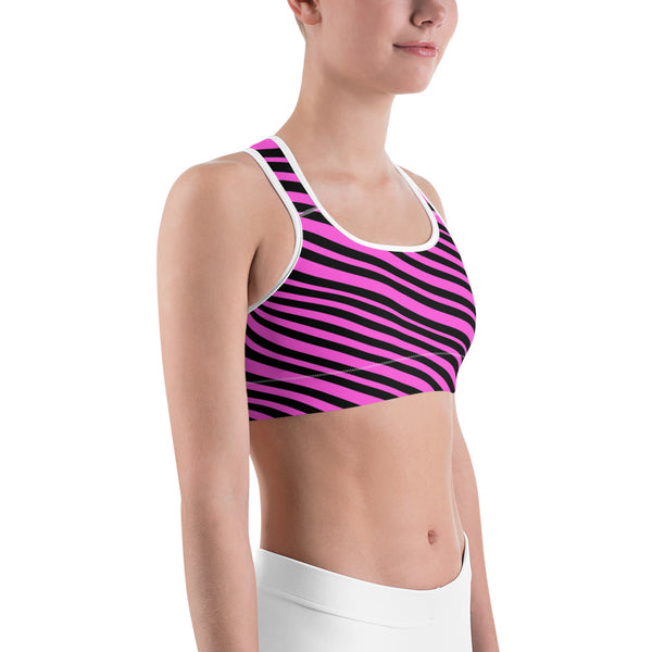 Hot Pink Girlie Black Diagonal Striped Print Women's Fitness Bra-Made in USA-Sports Bras-Heidi Kimura Art LLC