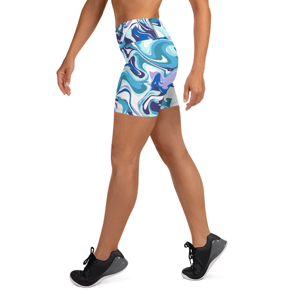 Blue Swirl Women's Yoga Shorts, Abstract Print Elastic Short Tights-Made in USA/EU-Heidi Kimura Art LLC-Heidi Kimura Art LLC Blue Swirl Women's Yoga Shorts, Abstract Print Premium Quality Women's High Waist Spandex Fitness Workout Yoga Shorts, Yoga Tights, Fashion Gym Quick Drying Short Pants With Pockets - Made in USA/EU (US Size: XS-XL)