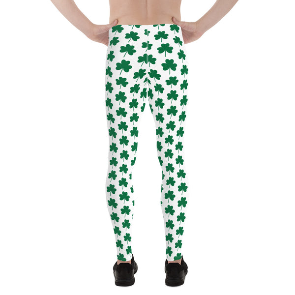 White Green Clover Leaf Print St. Patrick's Day Men's Leggings Meggings-Made in USA/EU-Men's Leggings-Heidi Kimura Art LLC