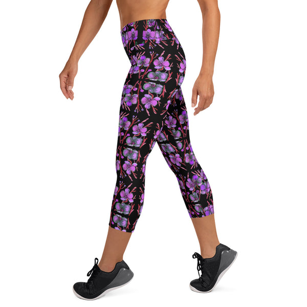 Purple Orchids Yoga Capri Leggings, Floral Print Women's Capris Tights- Made in USA/EU-Heidi Kimura Art LLC-Heidi Kimura Art LLC