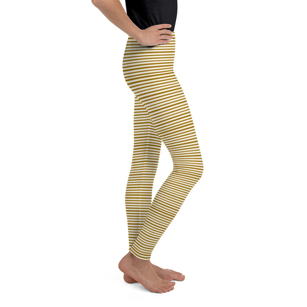 Dense Brown Light Yellow Horizontal Stripe Print Youth Leggings - Made in USA/ EU-Youth's Leggings-Heidi Kimura Art LLC