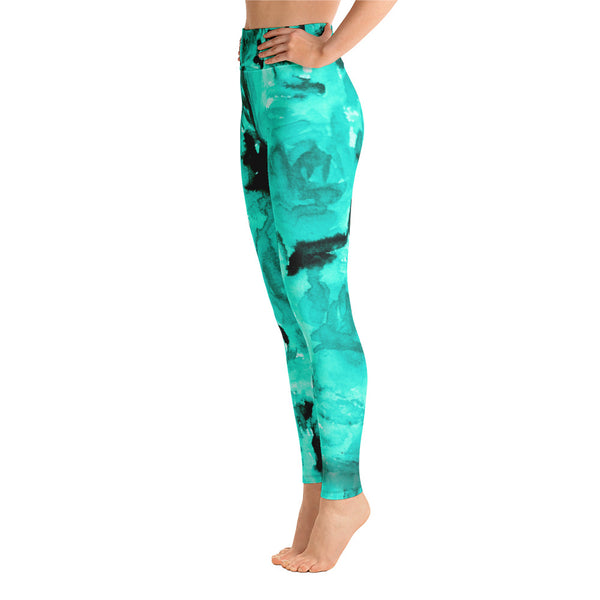 Turquoise Blue Abstract Rose Floral Ocean Print Women's Yoga Leggings - Made in USA-Leggings-Heidi Kimura Art LLC Turquoise Blue Women's Leggings, Turquoise Blue Abstract Rose Floral Ocean Print Yoga Leggings/ Long Yoga Pants - Made in USA/EU (US Size: XS-XL)