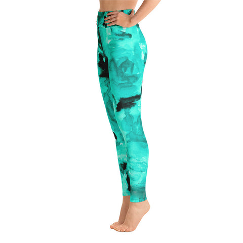 Turquoise Blue Abstract Rose Floral Ocean Print Women's Yoga Leggings - Made in USA-Leggings-Heidi Kimura Art LLC Turquoise Blue Women's Leggings, Turquoise Blue Abstract Rose Floral Ocean Print Yoga Leggings/ Long Yoga Pants - Made in USA/EU (US Size: XS-XL)