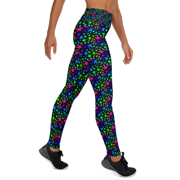 Black Rainbow Star Print Women's Long Workout Yoga Leggings Pants- Made in USA/EU-Leggings-Heidi Kimura Art LLC