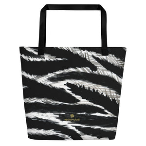 Chic Black White Zebra Animal Pattern Print Large Tote 16"x20" Beach Bag- Made in USA/EU-Beach Tote Bag-Black-Heidi Kimura Art LLC