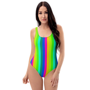 Rainbow Striped Women's Swimwear, Modern One-Piece Swimsuit-Heidi Kimura Art LLC-XS-Heidi Kimura Art LLC Rainbow Striped Women's Swimwear, Gay Pride Modern Vertical Stripe Print Designer Luxury 1-Piece Swimwear Bathing Suits, Beach Wear - Made in USA/EU (US Size: XS-3XL) Plus Size Available