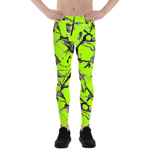 Neon Green Marble Print Meggings, Premium Rave Party Men's Leggings- Made in USA/EU-Men's Leggings-XS-Heidi Kimura Art LLC