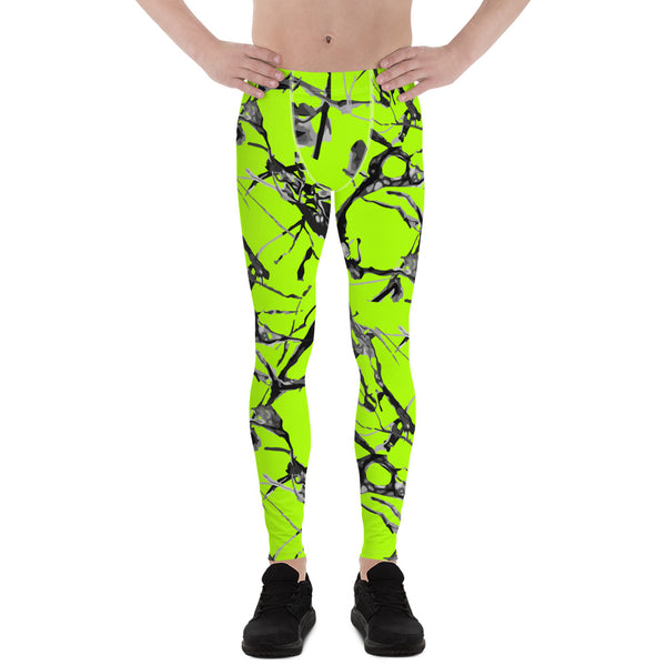 Neon Green Marble Print Meggings, Premium Rave Party Men's Leggings- Made in USA/EU-Men's Leggings-XS-Heidi Kimura Art LLC