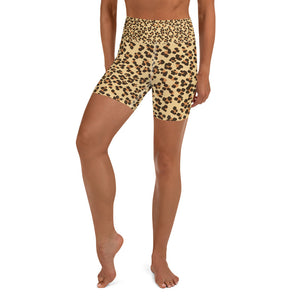Brown Cute Leopard Animal Print Premium Women's Yoga Shorts Pants- Made in USA/ EU-Yoga Shorts-XS-Heidi Kimura Art LLC