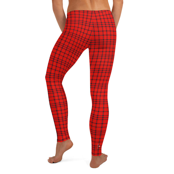 Red Plaid Print Leggings, Scottish Tartan Women's Tights-Made in USA/EU-Heidi Kimura Art LLC-Heidi Kimura Art LLC