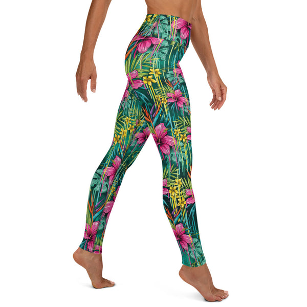 Green Floral Yoga Leggings, Tropical Leaf Print Women's Tights-Made in USA/EU-Heidi Kimura Art LLC-Heidi Kimura Art LLC