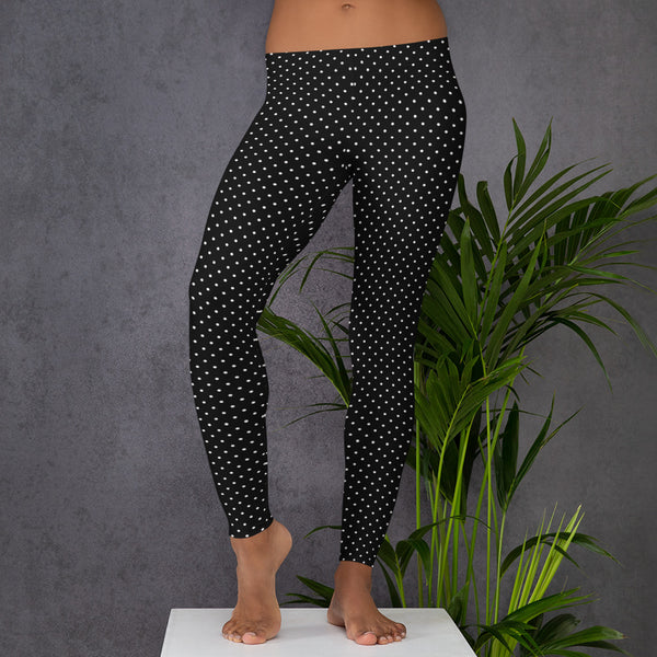 Black White Dots Women's Leggings, Casual Long Leggings-Made in USA/EU-Heidi Kimura Art LLC-Heidi Kimura Art LLC