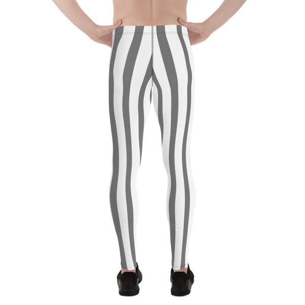 Grey & White Stripes Men's Running Circus Leggings & Run Tights Meggings Pants-Men's Leggings-Heidi Kimura Art LLC