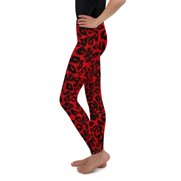Red Leopard Animal Print Premium Youth Gym Cute Comfy Leggings - Made in USA/EU-Youth's Leggings-Heidi Kimura Art LLC