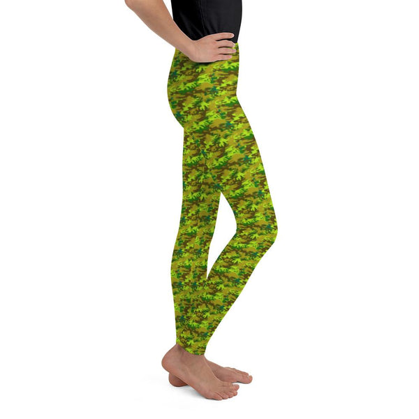 Bright Green Camouflage Military Army Print Designer Youth Leggings- Made in USA/EU-Youth's Leggings-Heidi Kimura Art LLC