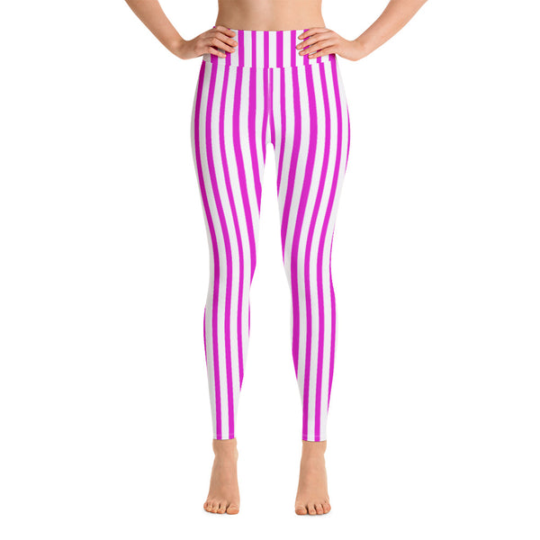 Hot Pink Striped Yoga Leggings, Best Vertical Stripes Women's Long Tights-Heidikimurart Limited -Heidi Kimura Art LLC Hot Pink Striped Yoga Leggings, Best Vertical Stripes Active Wear Fitted Leggings Sports Long Yoga & Barre Pants - Made in USA/EU/MX (US Size: XS-6XL)