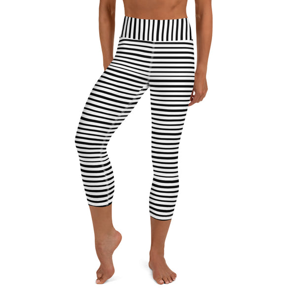 Black White Striped Women's Capri Leggings, Premium Yoga Capri Leggings- Made in USA/EU-Capri Yoga Pants-Heidi Kimura Art LLC
