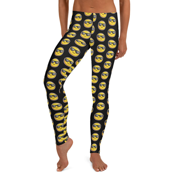 Black Sunshine Emoji Casual Leggings, Women's Tights-Made in USA/EU-Heidi Kimura Art LLC-Heidi Kimura Art LLC