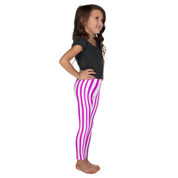 Bright Pink White Vertical Stripe Print Kid's Leggings Workout Pants- Made in USA/EU-Kid's Leggings-Heidi Kimura Art LLC