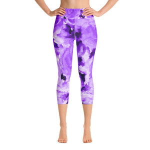 Purple Floral Print Women's Yoga Capri Pants Leggings w/ Pockets Plus Size Available-Capri Yoga Pants-XS-Heidi Kimura Art LLC