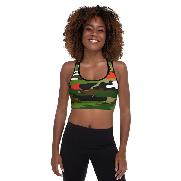 Green Orange Camo Army Military Print Women's Padded Sports Bra-Made in USA/EU-Sports Bras-Black-XS-Heidi Kimura Art LLC