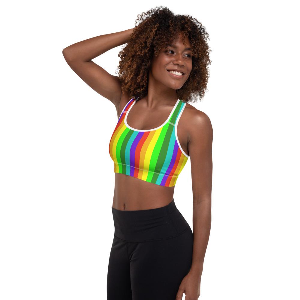 Rainbow Striped Sports Bra, Vertical Stripe Women's Padded Fitness