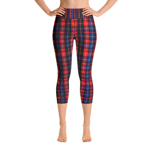 Red Plaid Women's Capri Yoga Pants With Pockets Plus Size Available- Made in USA-Capri Yoga Pants-XS-Heidi Kimura Art LLC