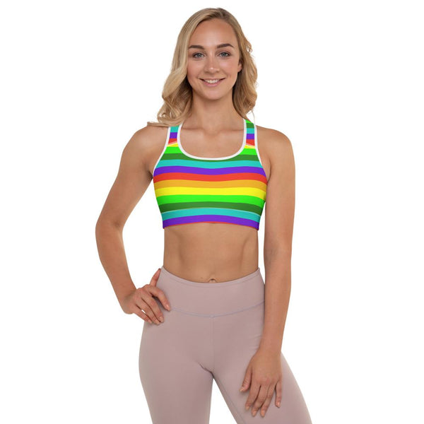 Rainbow Horizontal Stripe Print Women's Padded Gym Fitness Sports Bra-Made in USA/EU-Sports Bras-White-XS-Heidi Kimura Art LLC