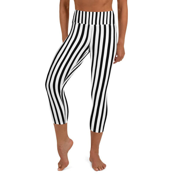 Black White Vertical Striped Print Women's Yoga Capri Pants Leggings- Made in USA/ EU-Capri Yoga Pants-XS-Heidi Kimura Art LLC