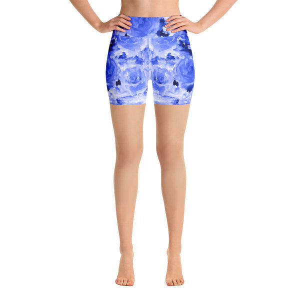 Blue Floral Yoga Shorts, Rose Floral Yoga Tights, Abstract Print Classic Premium Quality Women's High Waist Spandex Fitness Workout Yoga Shorts, Yoga Tights, Fashion Gym Quick Drying Short Pants With Pockets - Made in USA/EU (US Size: XS-XL)