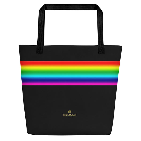 Black Rainbow Stripe Print Designer 16"x20" Large Beach Shopping Tote Bag- Made in USA/EU-Beach Tote Bag-Heidi Kimura Art LLC
