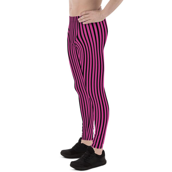Hot Pink Black Stripe Print Premium Men's Circus Carnival Leggings Pants - Made in USA-Men's Leggings-Heidi Kimura Art LLC