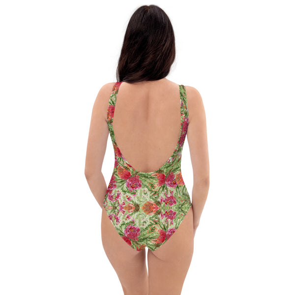 Red Roses One-Piece Swimsuit, Garden Rose Floral Print Women's Swimwear-Made in USA/EU-Heidi Kimura Art LLC-Heidi Kimura Art LLC