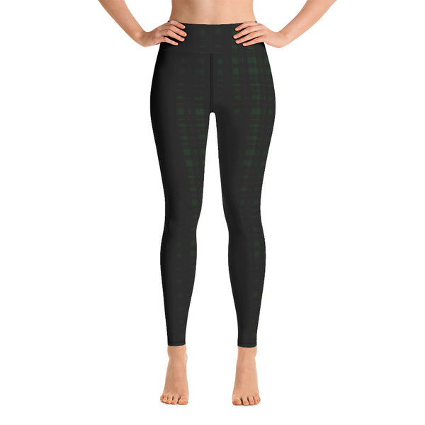 Dark Green Plaid Women's Yoga Pants, Tartan Print Yoga Leggings-Made in USA/EU-Heidi Kimura Art LLC-Heidi Kimura Art LLC