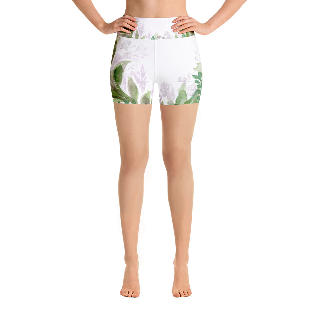 Lavender Floral Print Yoga Shorts, Purple White Green Workout Tights- Made in USA/EU-Yoga Shorts-XS-Heidi Kimura Art LLC