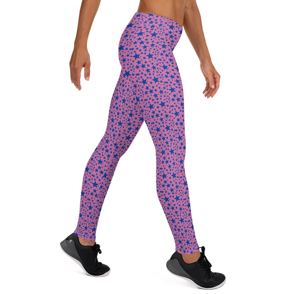 Pink Blue Star Print Pattern Designer Fashion Casual Leggings Workout Tights- Made in USA/EU-Casual Leggings-Heidi Kimura Art LLC