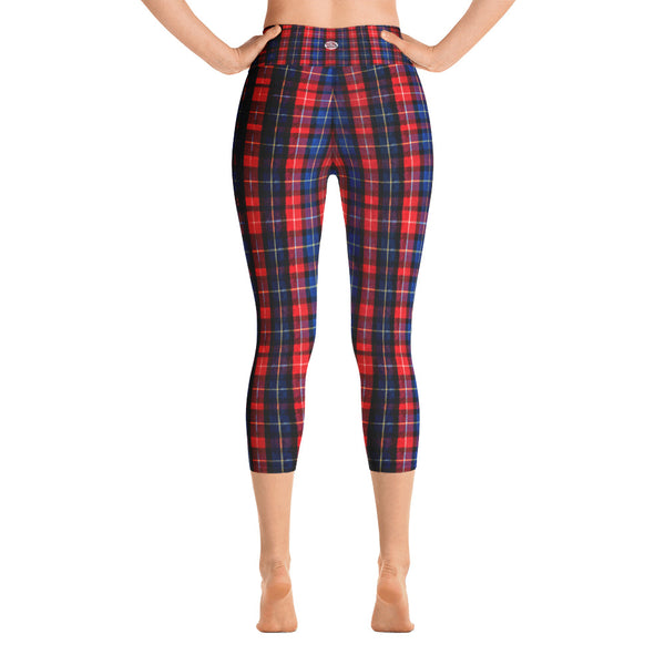 Red Plaid Women's Capri Yoga Pants With Pockets Plus Size Available- Made in USA-Capri Yoga Pants-Heidi Kimura Art LLC
