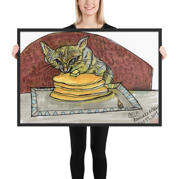 Super Hungry Gray Pancake Cat Framed Poster - Made in USA-Art Print-24×36-Heidi Kimura Art LLC